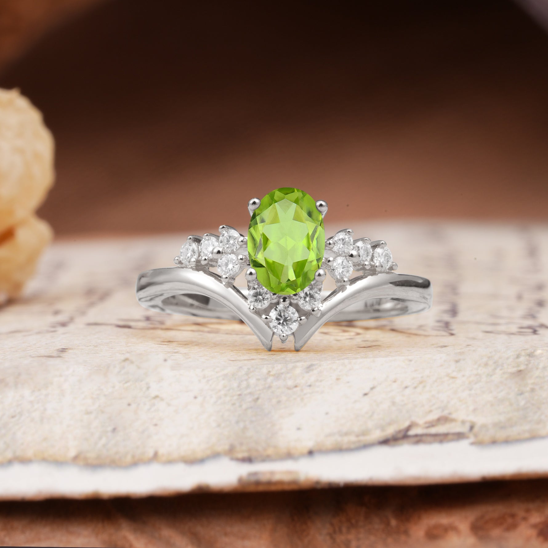 Simple 3-Prong Pear-Cut Peridot Two stones Engagement Ring - Additional view