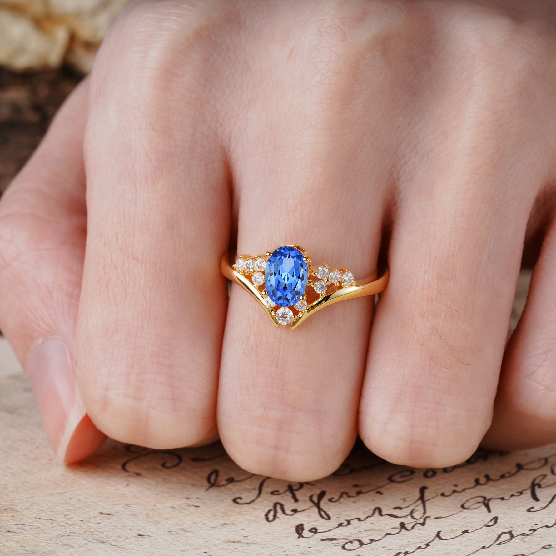 Simple 3-Prong Pear-Cut Sapphire Two stones Engagement Ring - Additional view
