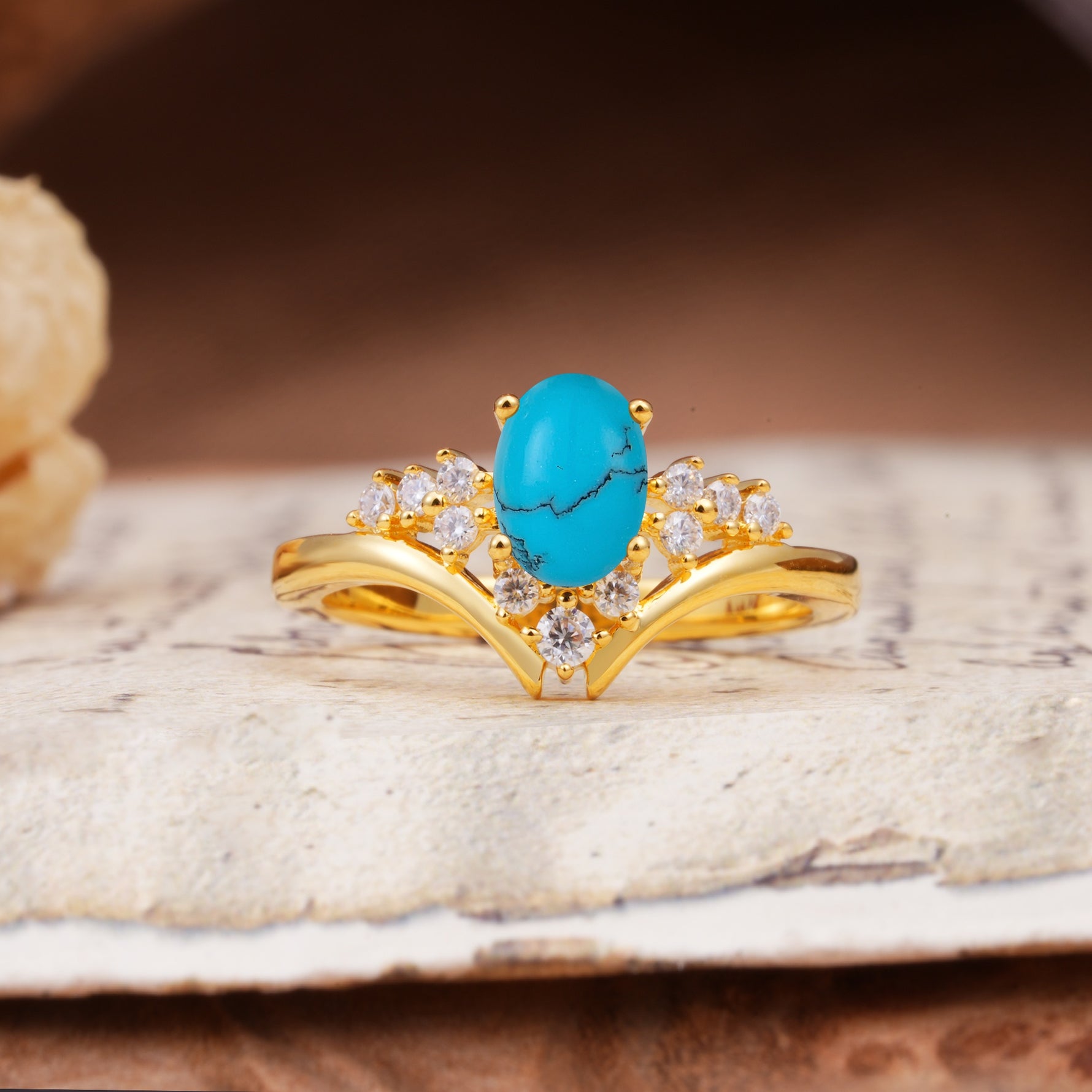 Simple 3-Prong Pear-Cut Turquoise Two stones Engagement Ring - Additional view