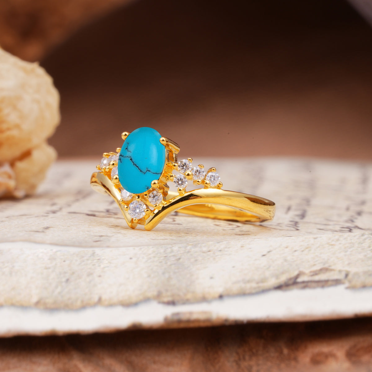 Simple 3-Prong Pear-Cut Turquoise Two stones Engagement Ring - Additional view