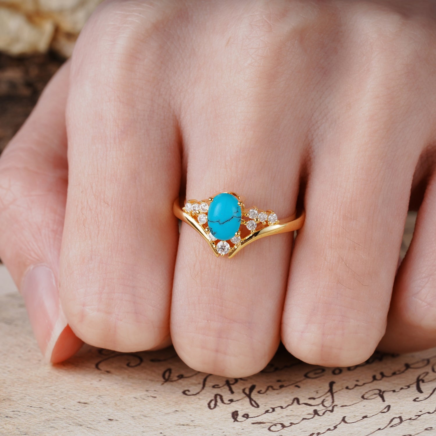 Simple 3-Prong Pear-Cut Turquoise Two stones Engagement Ring - Additional view