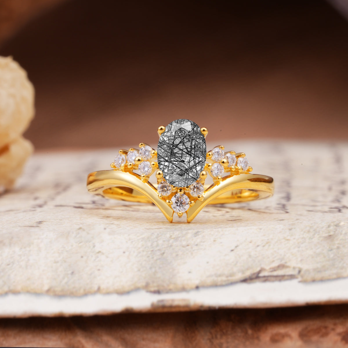 Simple 3-Prong Pear-Cut Black Rutilated Quartz Two stones Engagement Ring - Additional view