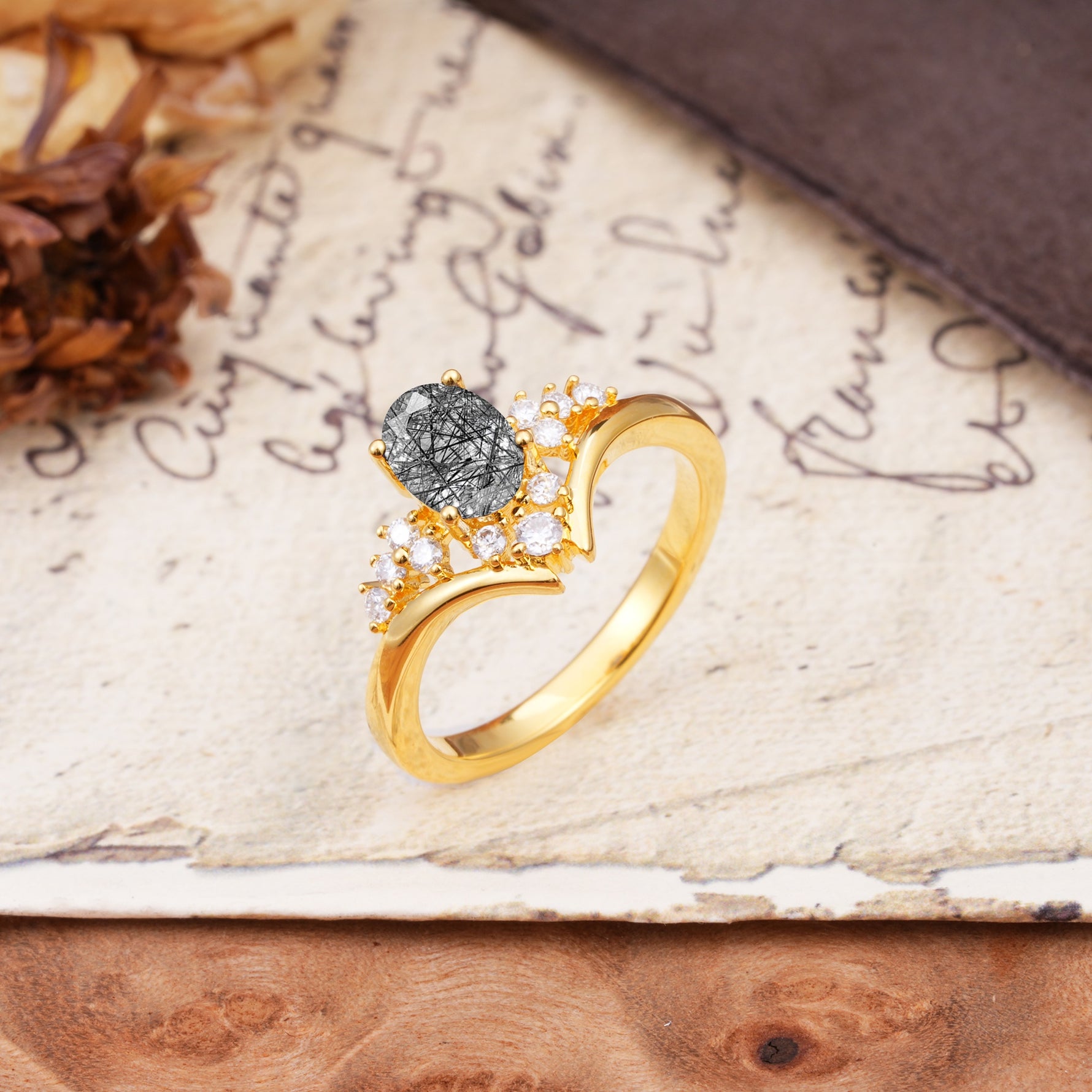 Simple 3-Prong Pear-Cut Black Rutilated Quartz Two stones Engagement Ring - Additional view