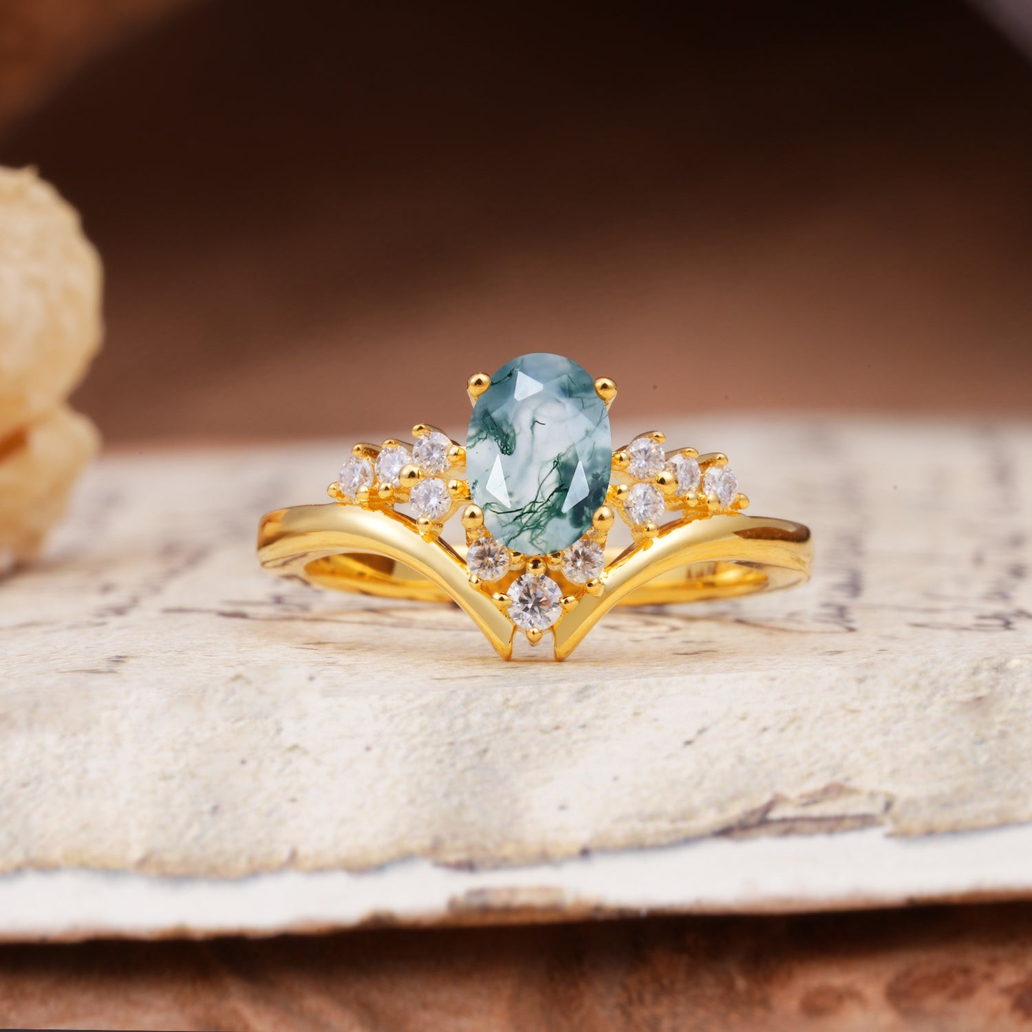Simple 3-Prong Pear-Cut Moss Agate Two stones Engagement Ring - Additional view