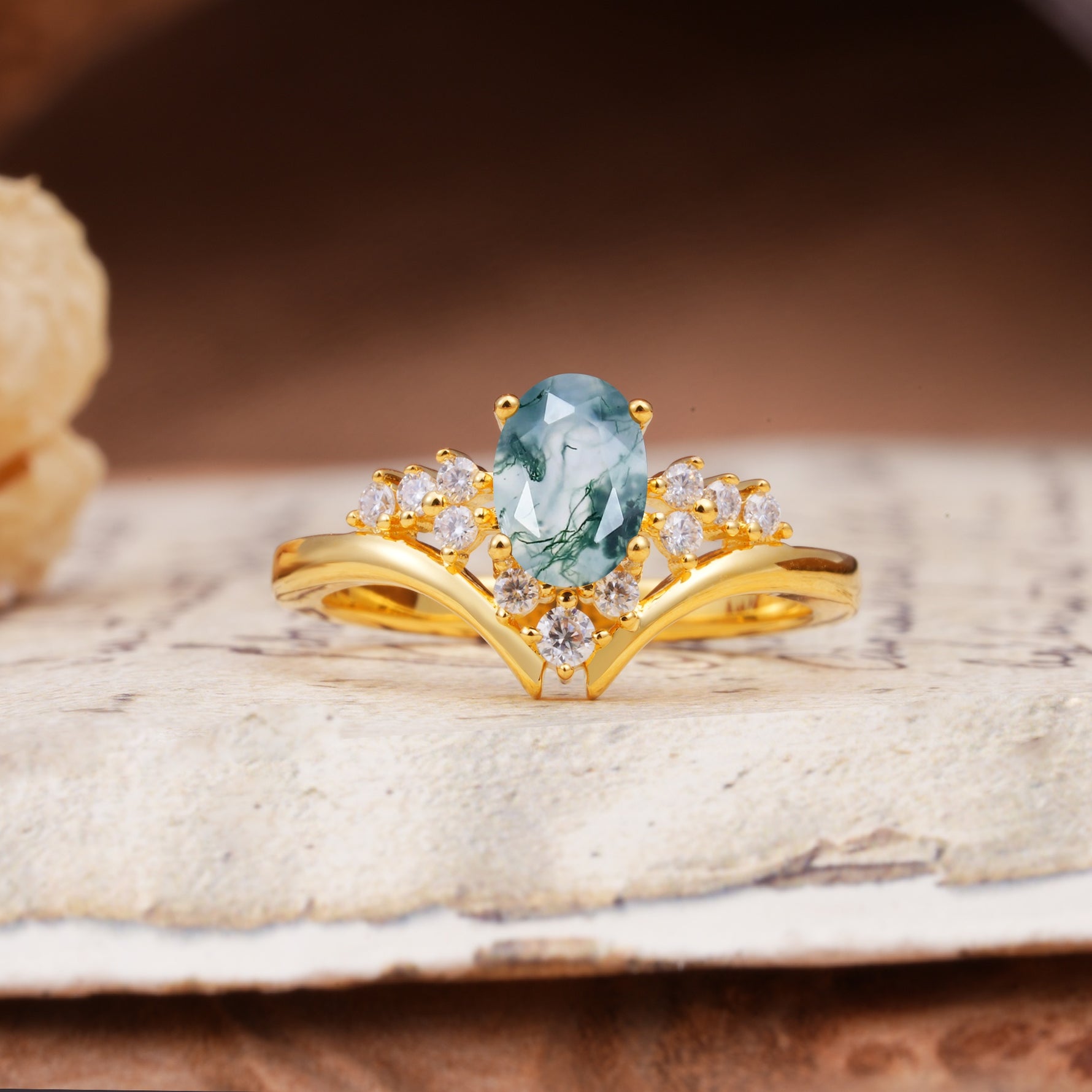 Simple 3-Prong Pear-Cut Moss Agate Two stones Engagement Ring - Additional view