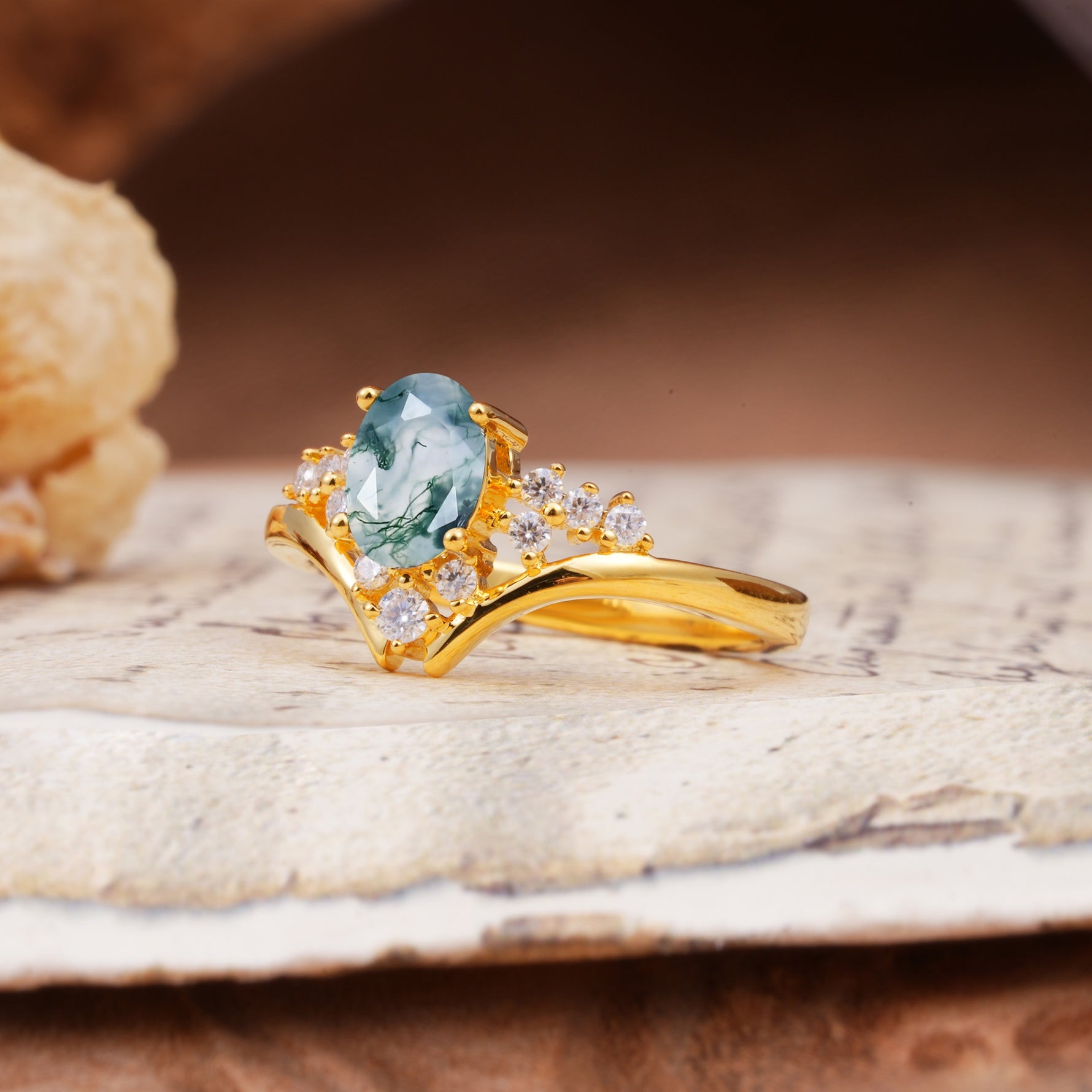 Simple 3-Prong Pear-Cut Moss Agate Two stones Engagement Ring - Additional view