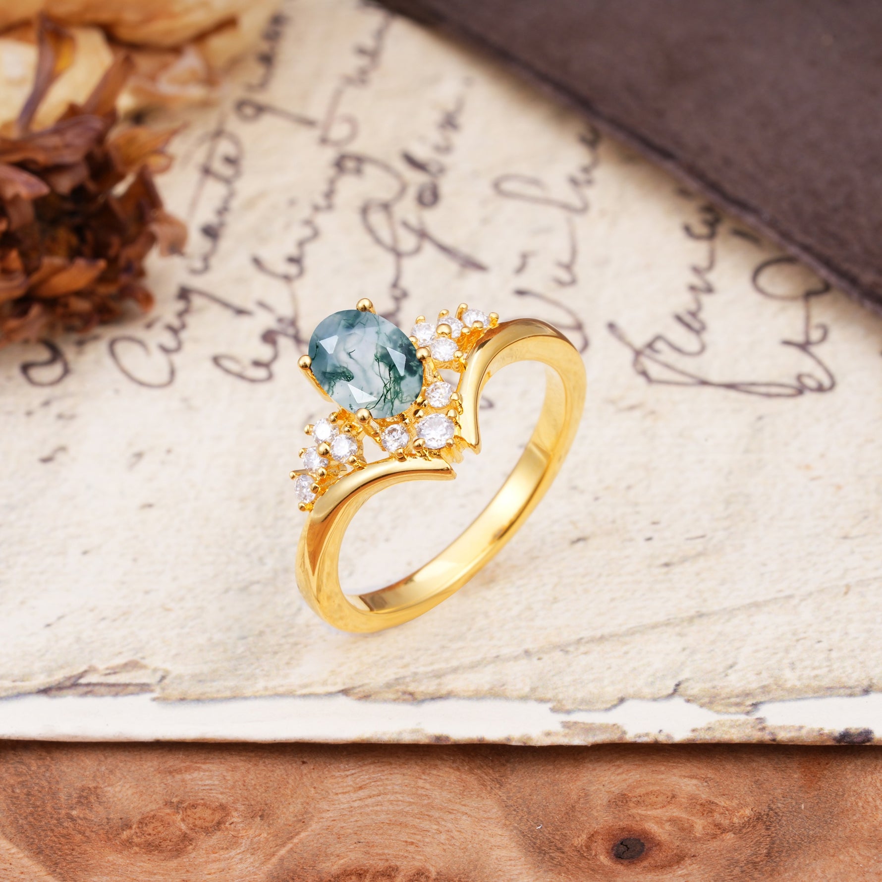Simple 3-Prong Pear-Cut Moss Agate Two stones Engagement Ring - Additional view