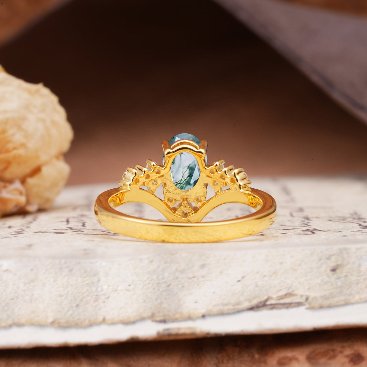 Simple 3-Prong Pear-Cut Moss Agate Two stones Engagement Ring - Additional view