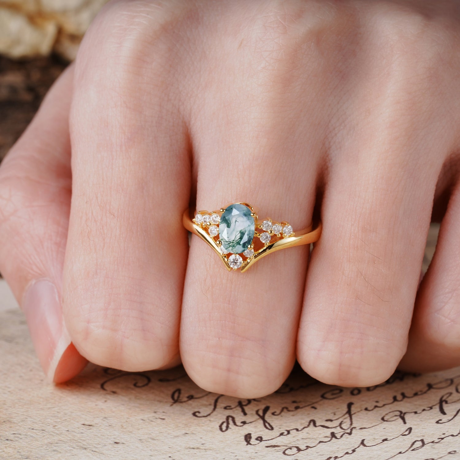 Simple 3-Prong Pear-Cut Moss Agate Two stones Engagement Ring - Additional view