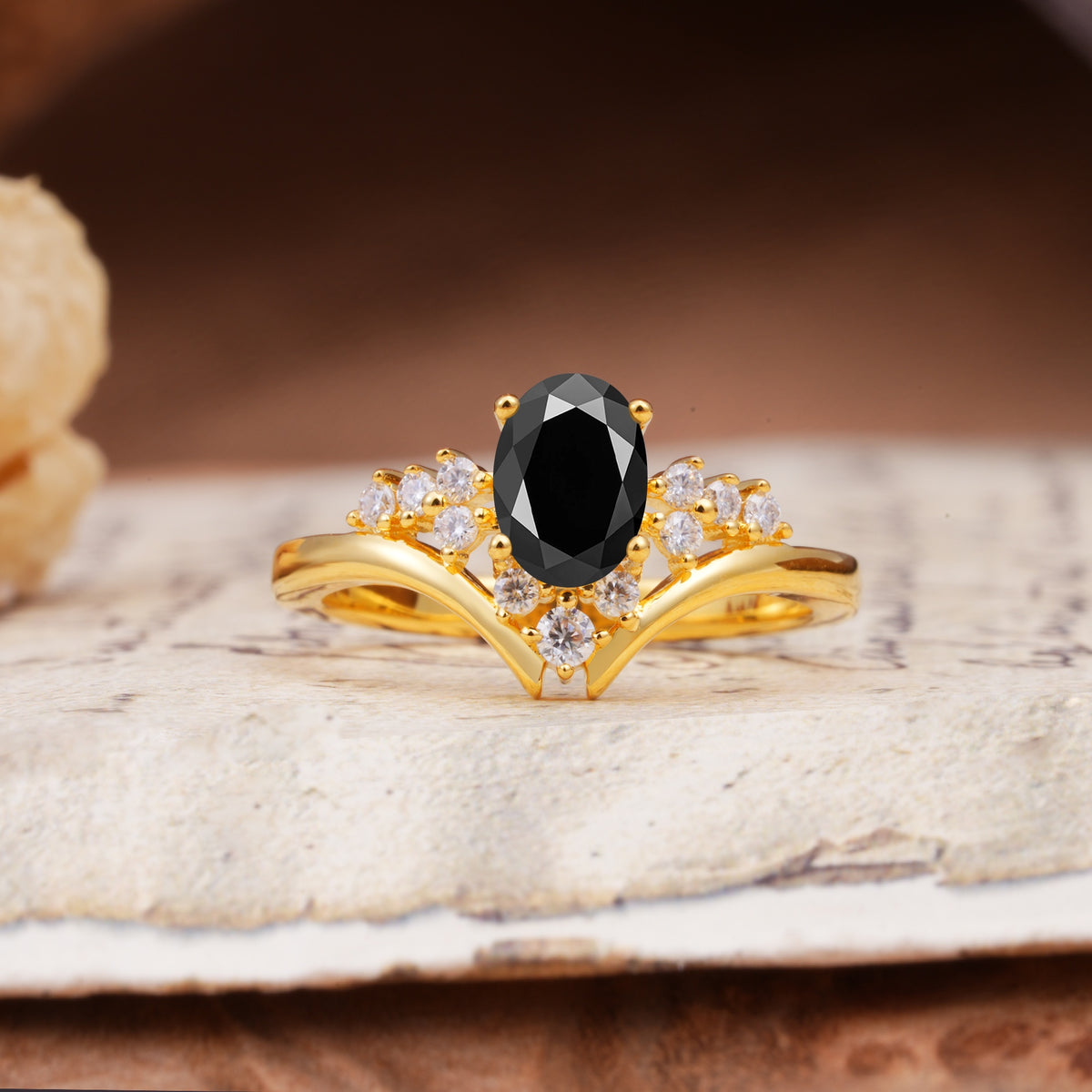 Simple 3-Prong Pear-Cut Black Onyx Two stones Engagement Ring - Additional view