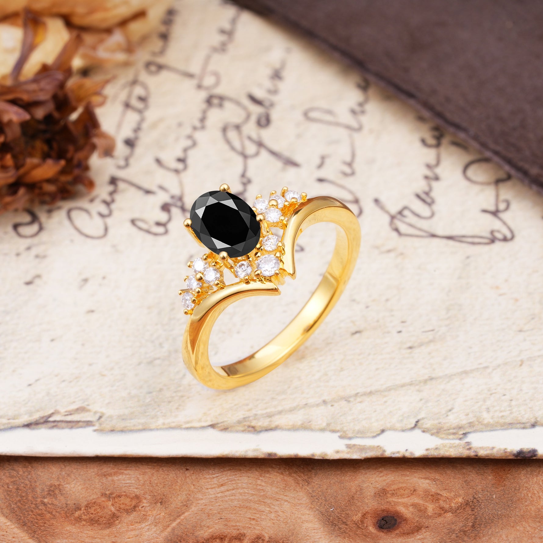 Simple 3-Prong Pear-Cut Black Onyx Two stones Engagement Ring - Additional view