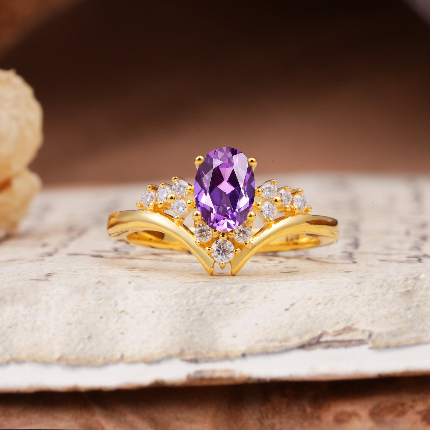 Simple 3-Prong Pear-Cut Amethyst Two stones Engagement Ring - Additional view