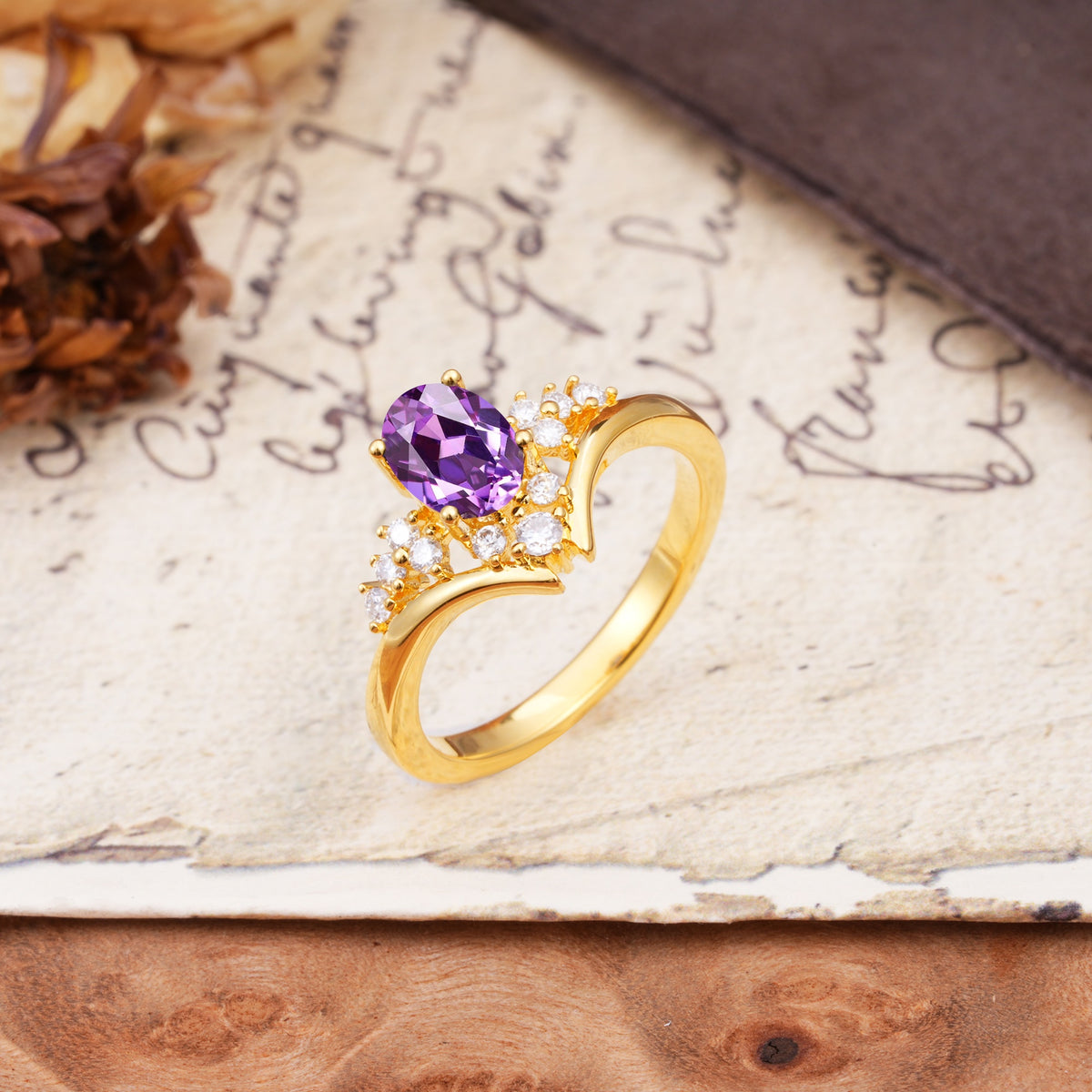 Simple 3-Prong Pear-Cut Amethyst Two stones Engagement Ring - Additional view