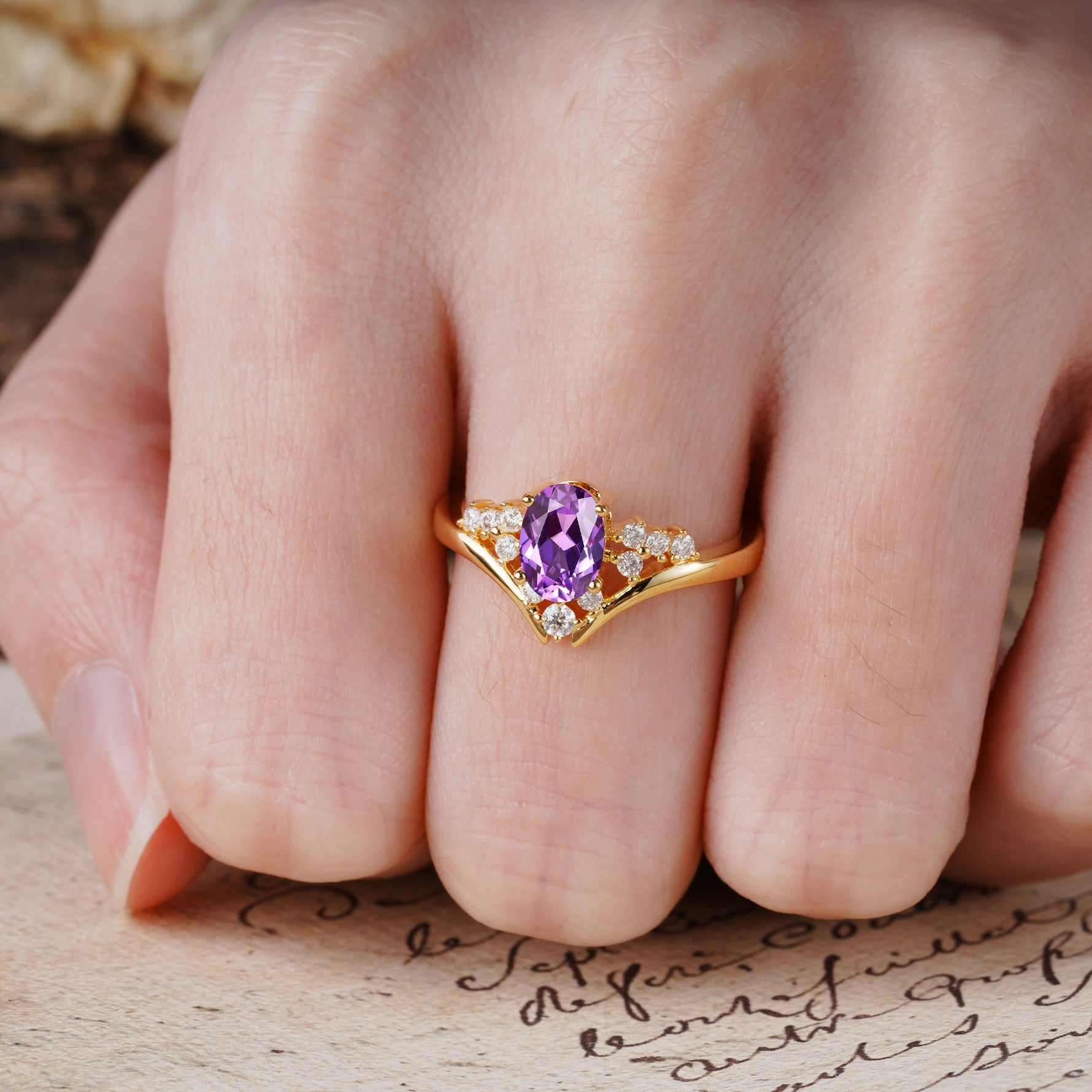 Simple 3-Prong Pear-Cut Amethyst Two stones Engagement Ring - Additional view