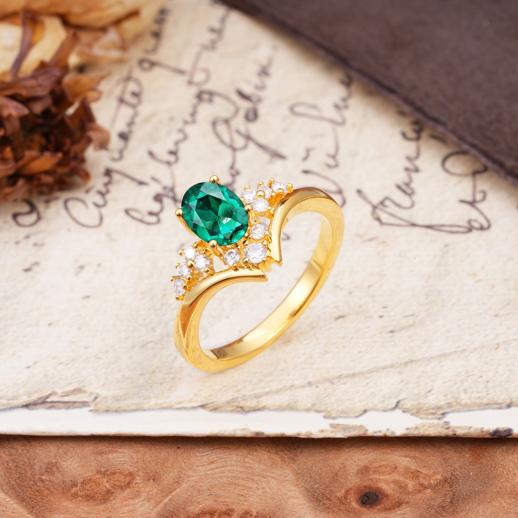 Simple 3-Prong Pear-Cut Emerald Two stones Engagement Ring - Additional view