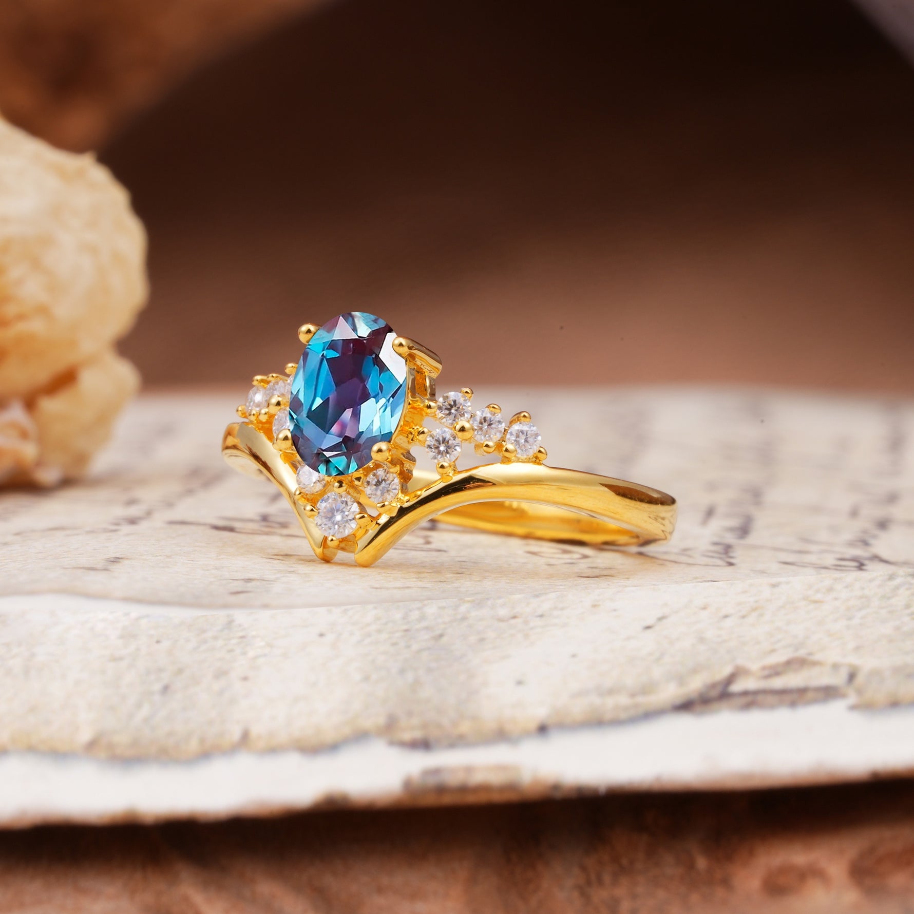 Simple 3-Prong Pear-Cut Alexandrite Two stones Engagement Ring - Additional view
