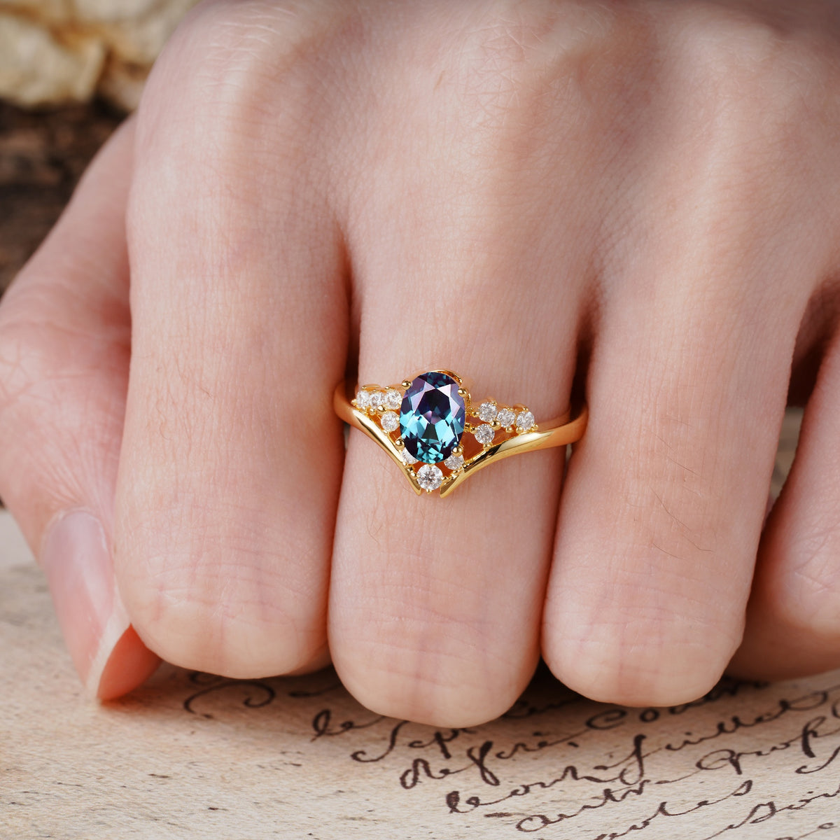 Simple 3-Prong Pear-Cut Alexandrite Two stones Engagement Ring - Additional view