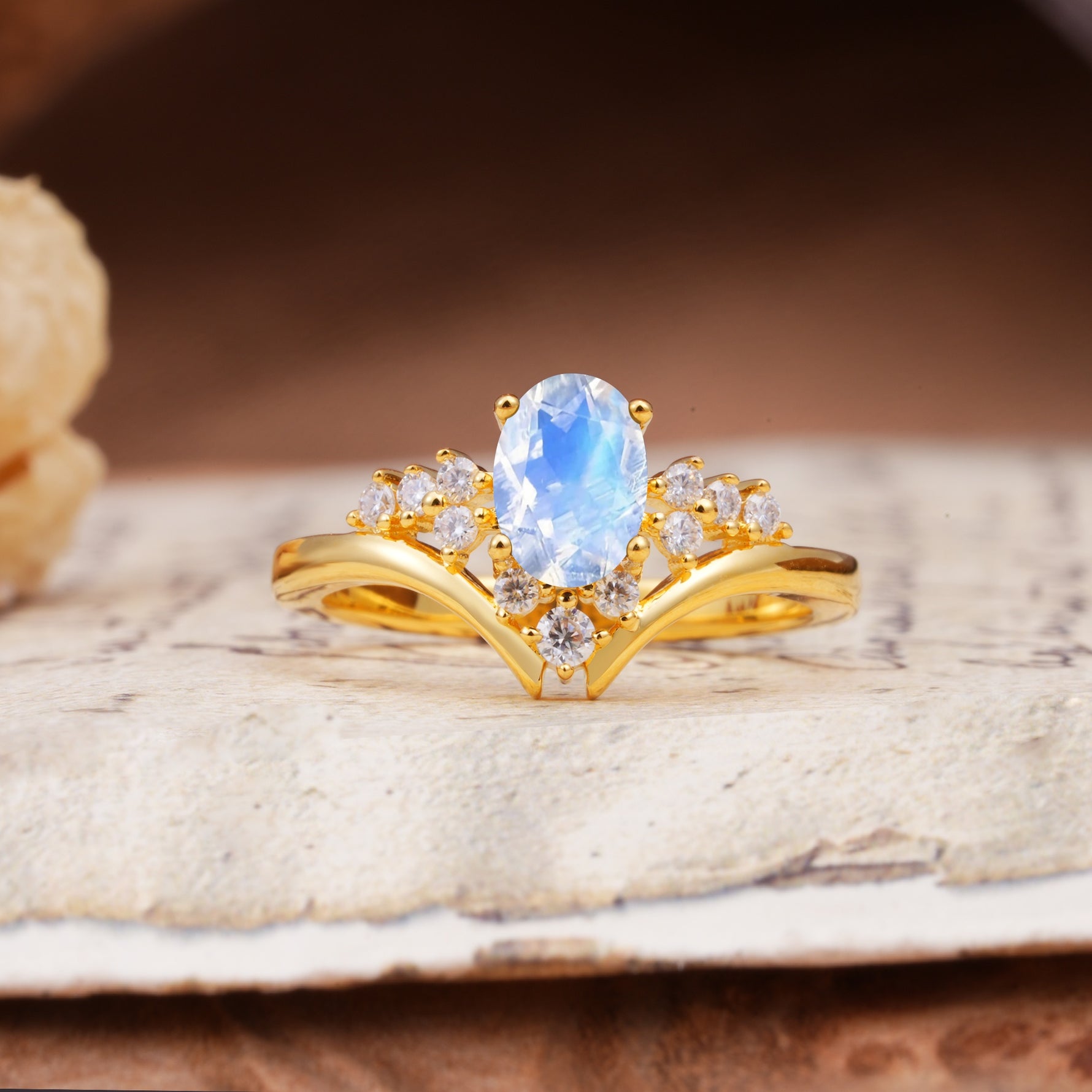 Simple 3-Prong Pear-Cut Moonstone Two stones Engagement Ring - Additional view