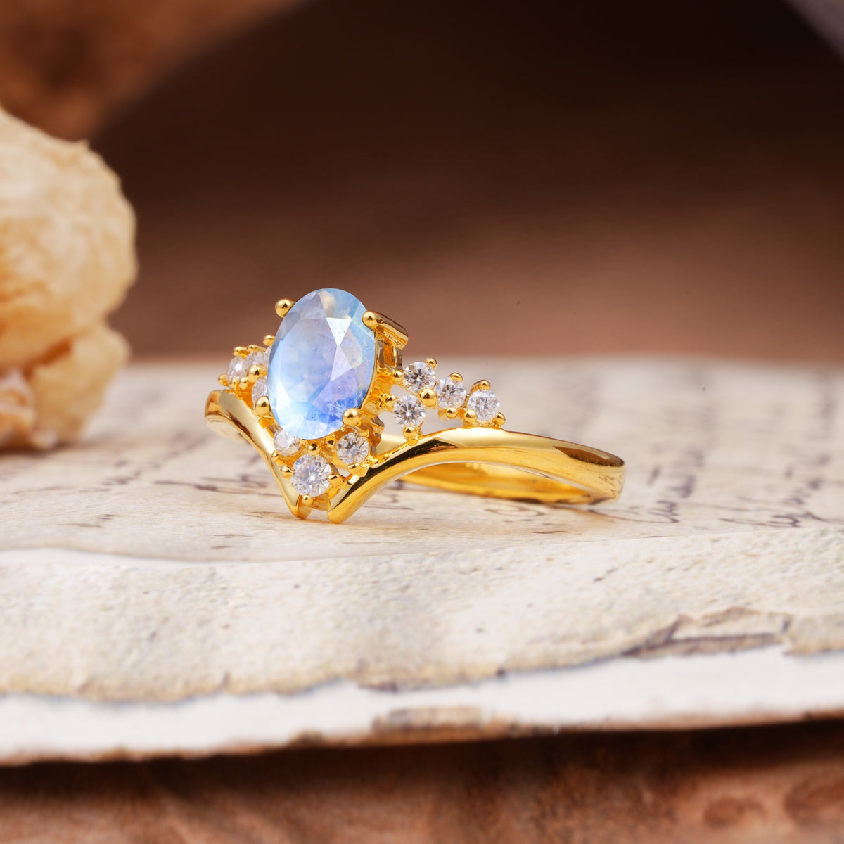 Simple 3-Prong Pear-Cut Moonstone Two stones Engagement Ring - Additional view
