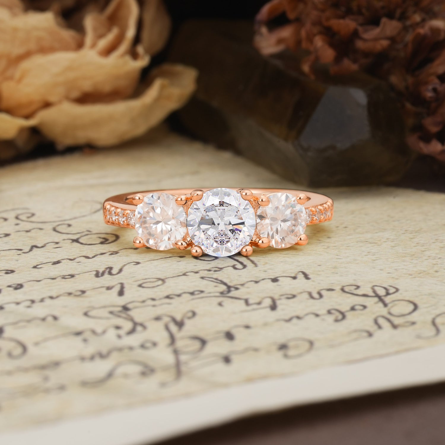 Unique Classic 4-Prong Round Cut Moissanite Three Stones Wedding Ring - Additional view