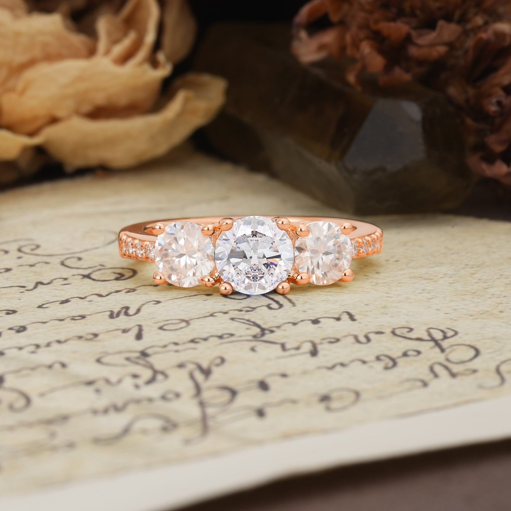 Unique Classic 4-Prong Round Cut Moissanite Three Stones Wedding Ring - Additional view