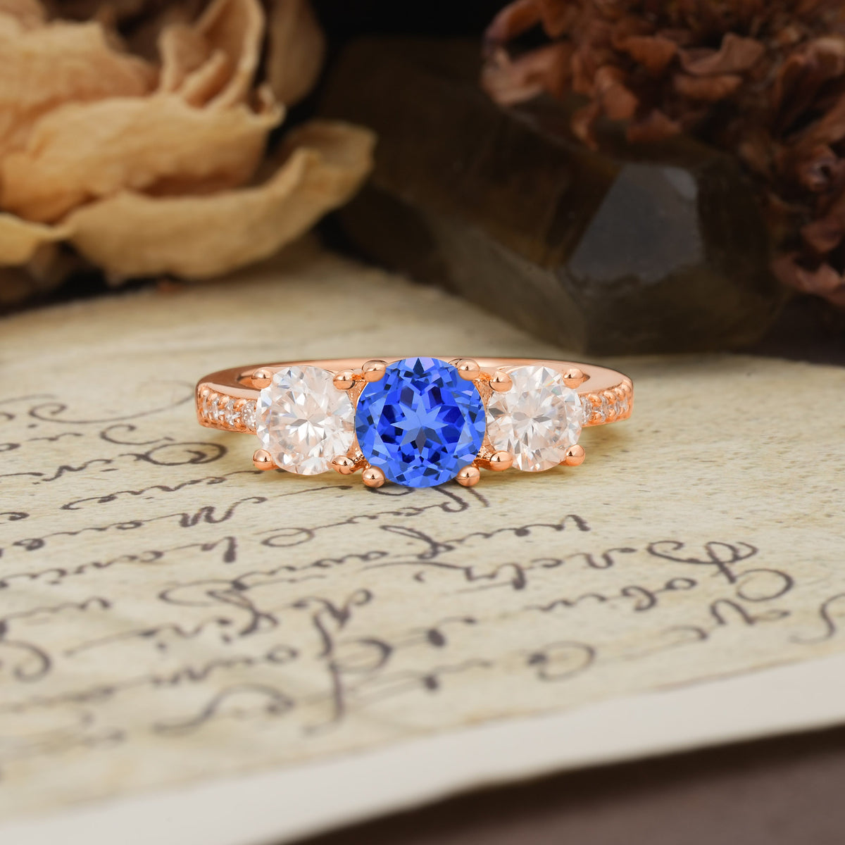 Unique Classic 4-Prong Round Cut Sapphire Three Stones Wedding Ring - Additional view