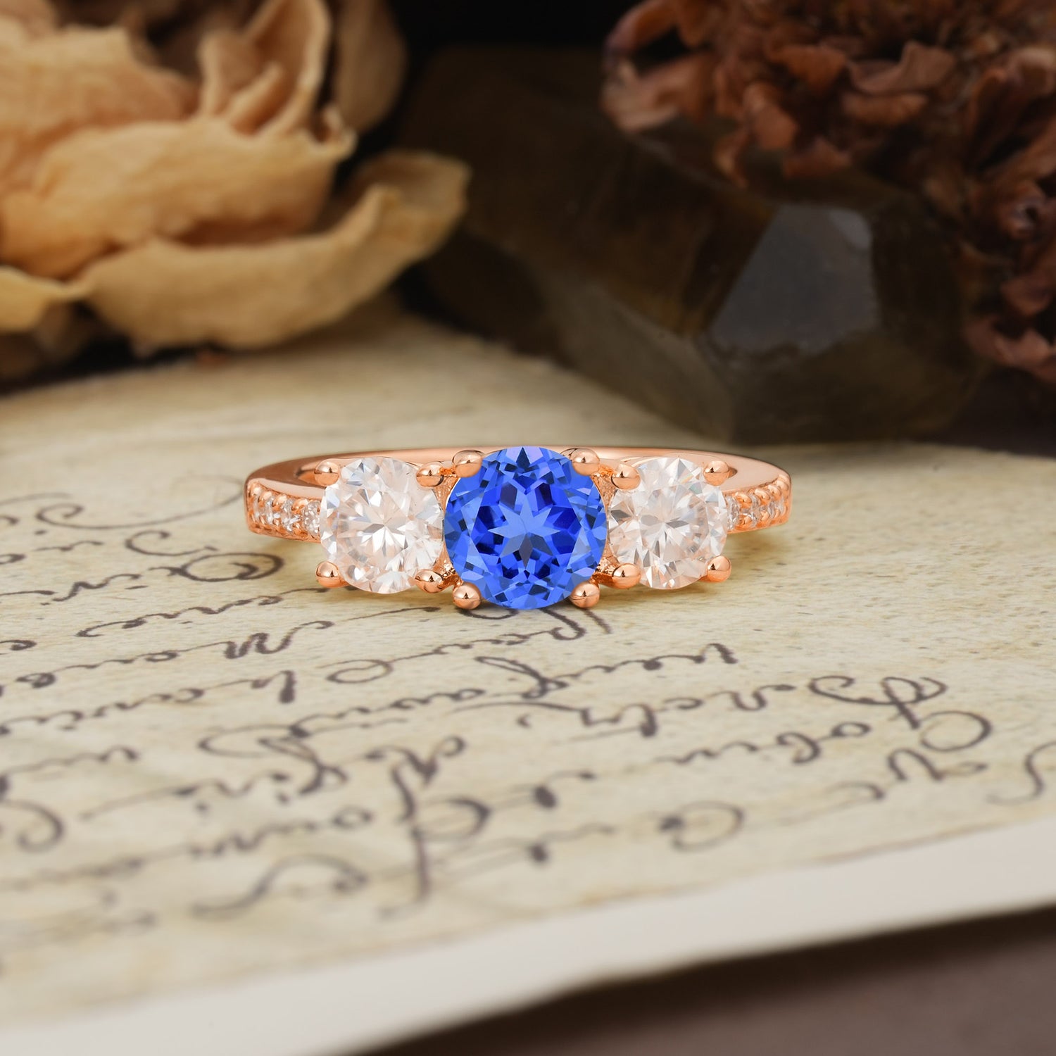 Unique Classic 4-Prong Round Cut Sapphire Three Stones Wedding Ring - Additional view