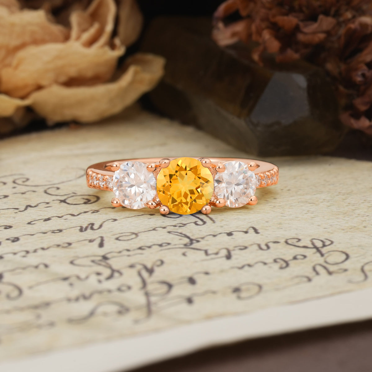 Unique Classic 4-Prong Round Cut Citrine Three Stones Wedding Ring - Additional view