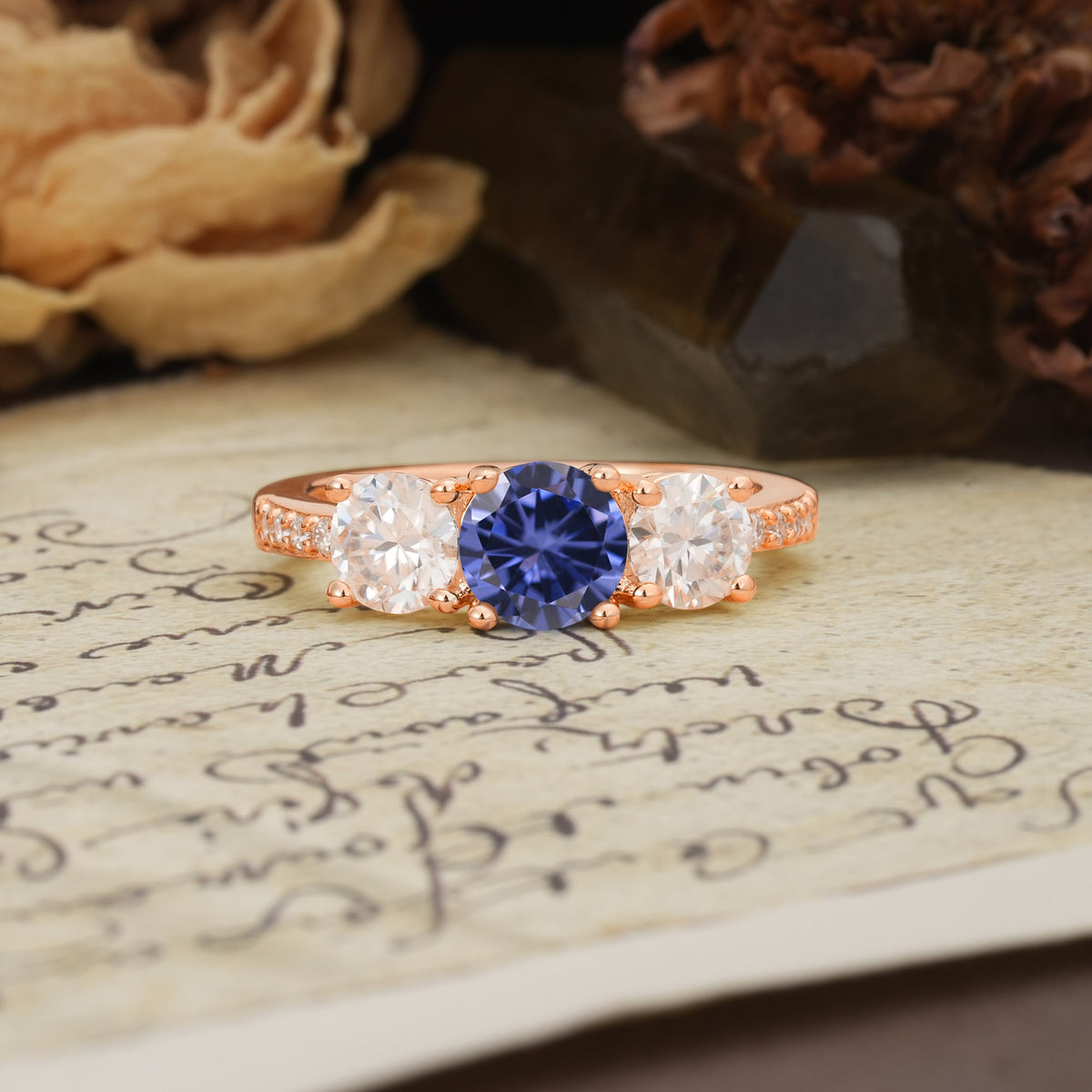 Unique Classic 4-Prong Round Cut Tanzanite Three Stones Wedding Ring - Additional view