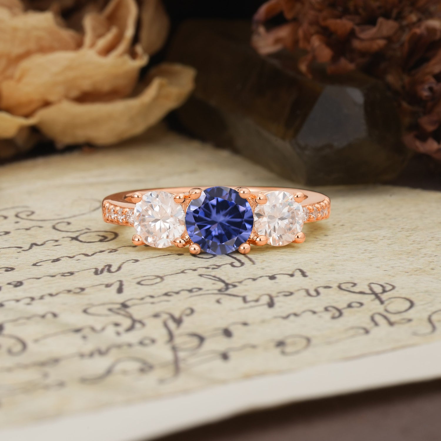 Unique Classic 4-Prong Round Cut Tanzanite Three Stones Wedding Ring - Additional view