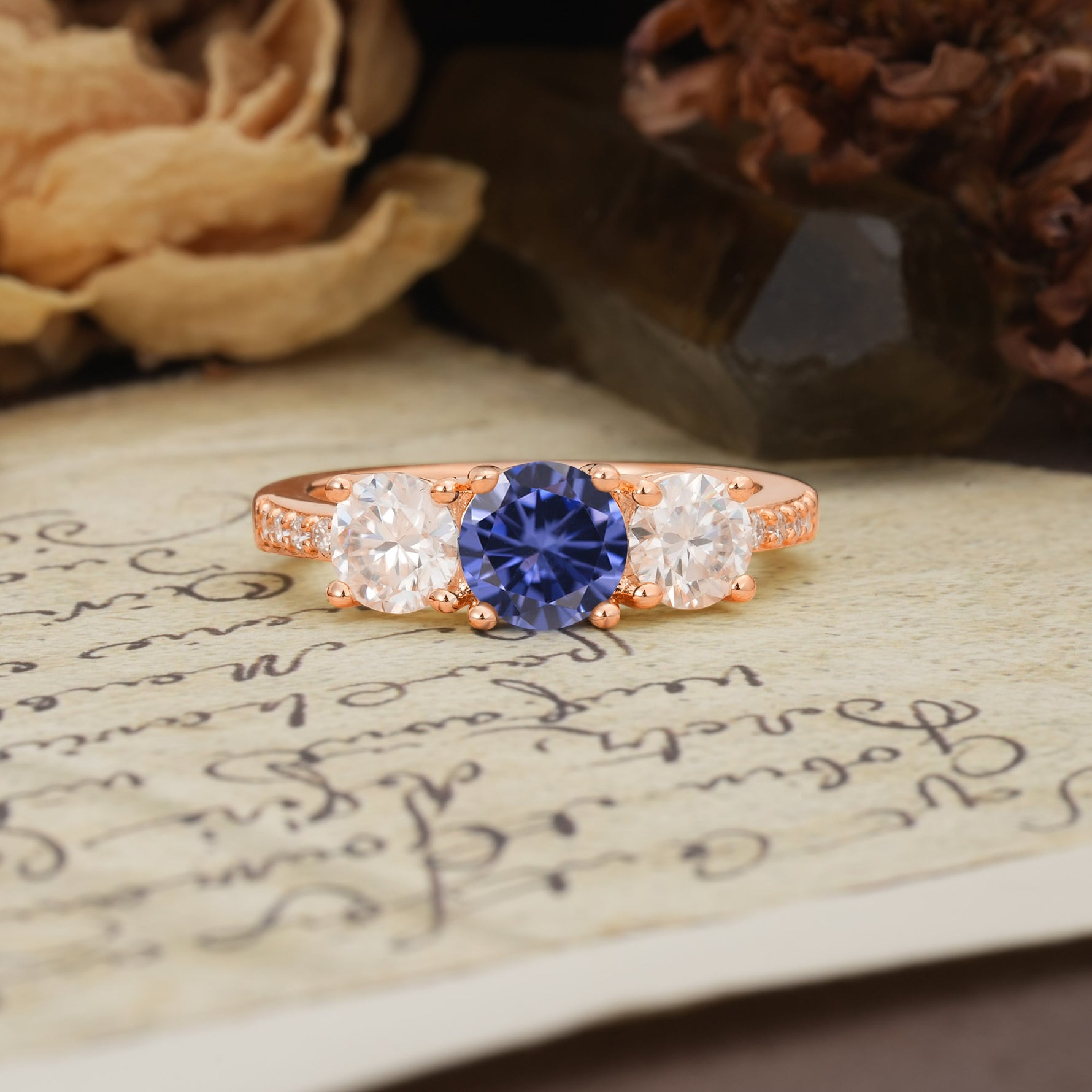 Unique Classic 4-Prong Round Cut Tanzanite Three Stones Wedding Ring - Additional view