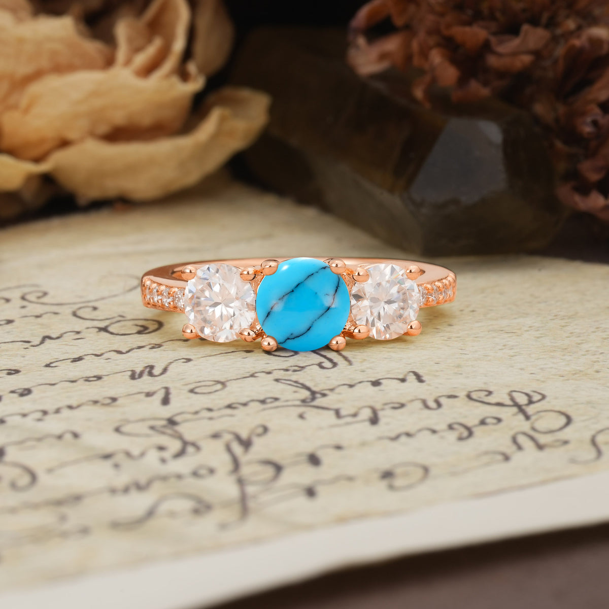 Unique Classic 4-Prong Round Cut Turquoise Three Stones Wedding Ring - Additional view