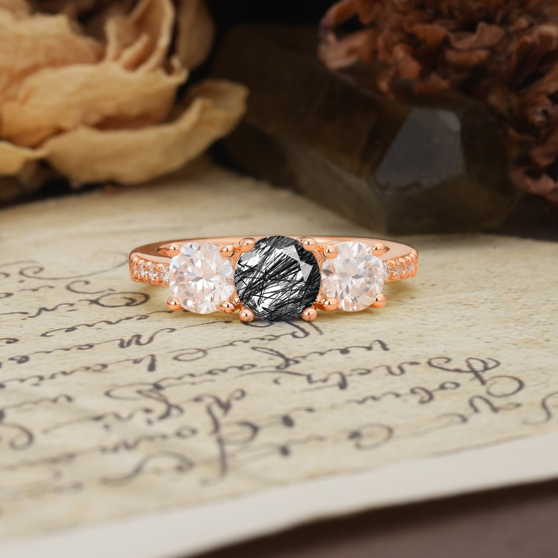 Unique Classic 4-Prong Round Cut Black Rutilated Quartz Three Stones Wedding Ring - Additional view