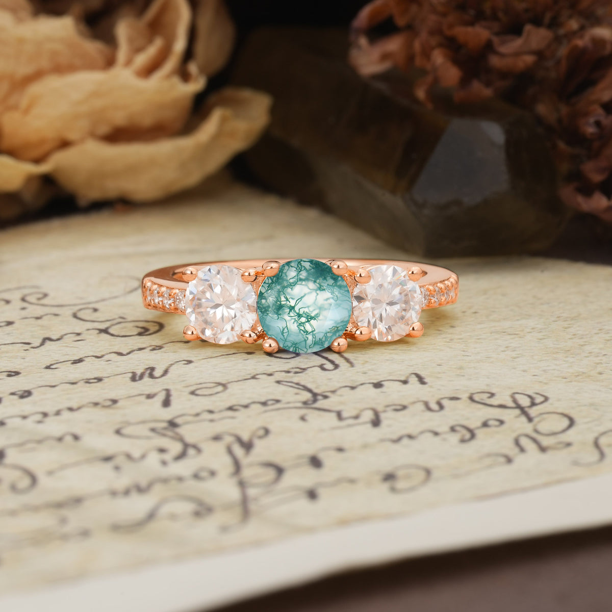 Unique Classic 4-Prong Round Cut Moss Agate Three Stones Wedding Ring - Additional view