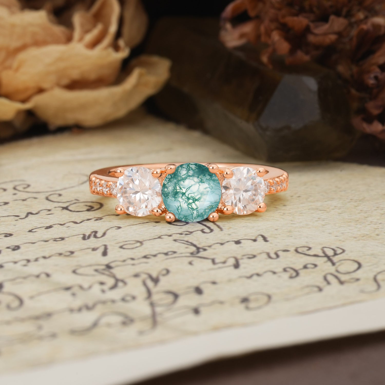 Unique Classic 4-Prong Round Cut Moss Agate Three Stones Wedding Ring - Additional view