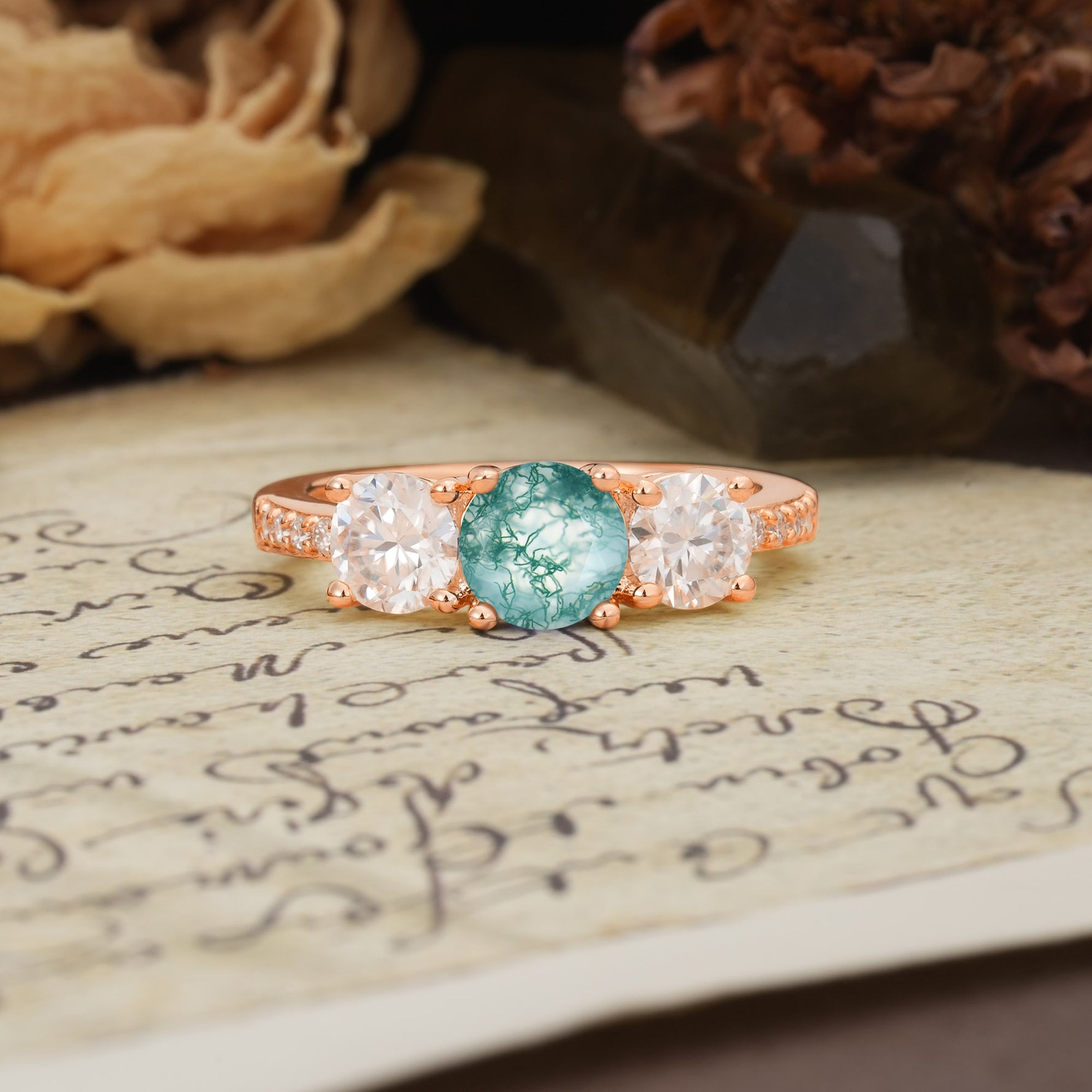 Unique Classic 4-Prong Round Cut Moss Agate Three Stones Wedding Ring - Additional view