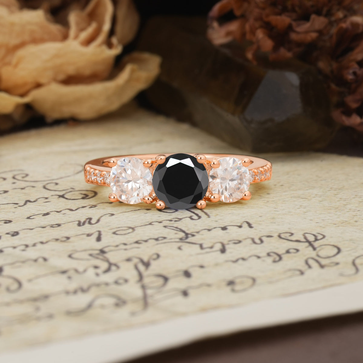 Unique Classic 4-Prong Round Cut Black Onyx Three Stones Wedding Ring - Additional view