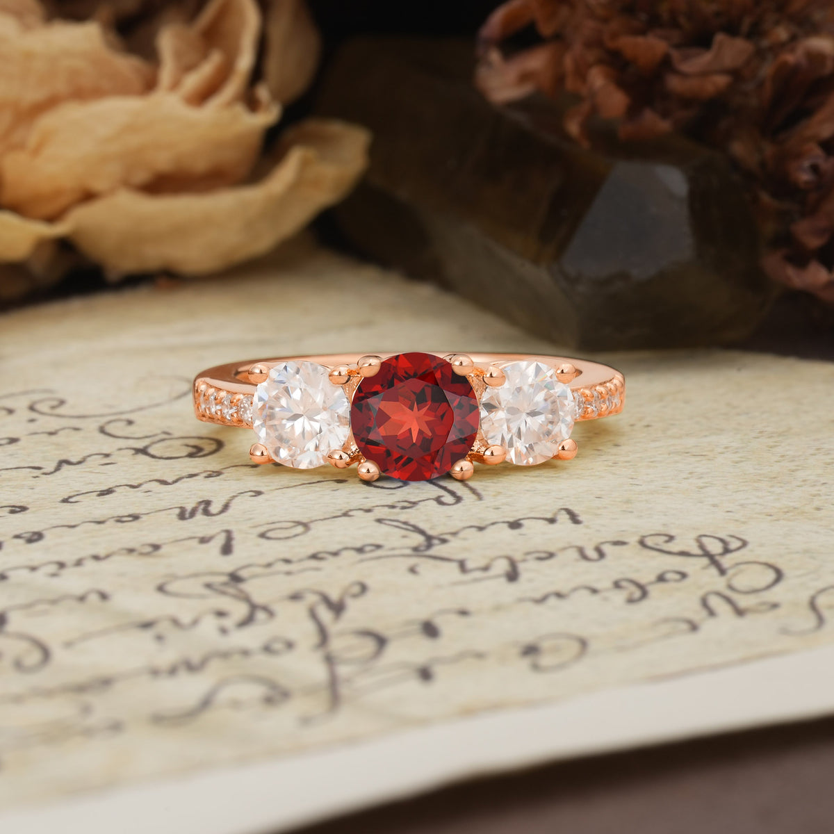 Unique Classic 4-Prong Round Cut Garnet Three Stones Wedding Ring - Additional view