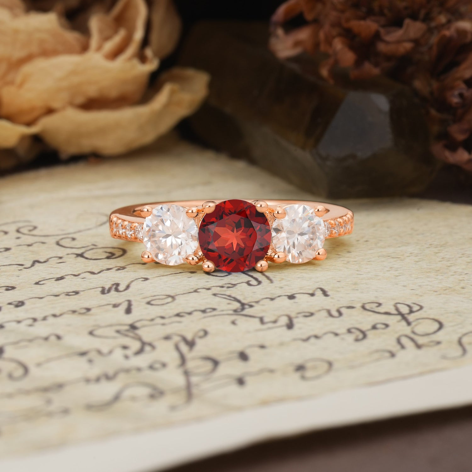 Unique Classic 4-Prong Round Cut Garnet Three Stones Wedding Ring - Additional view