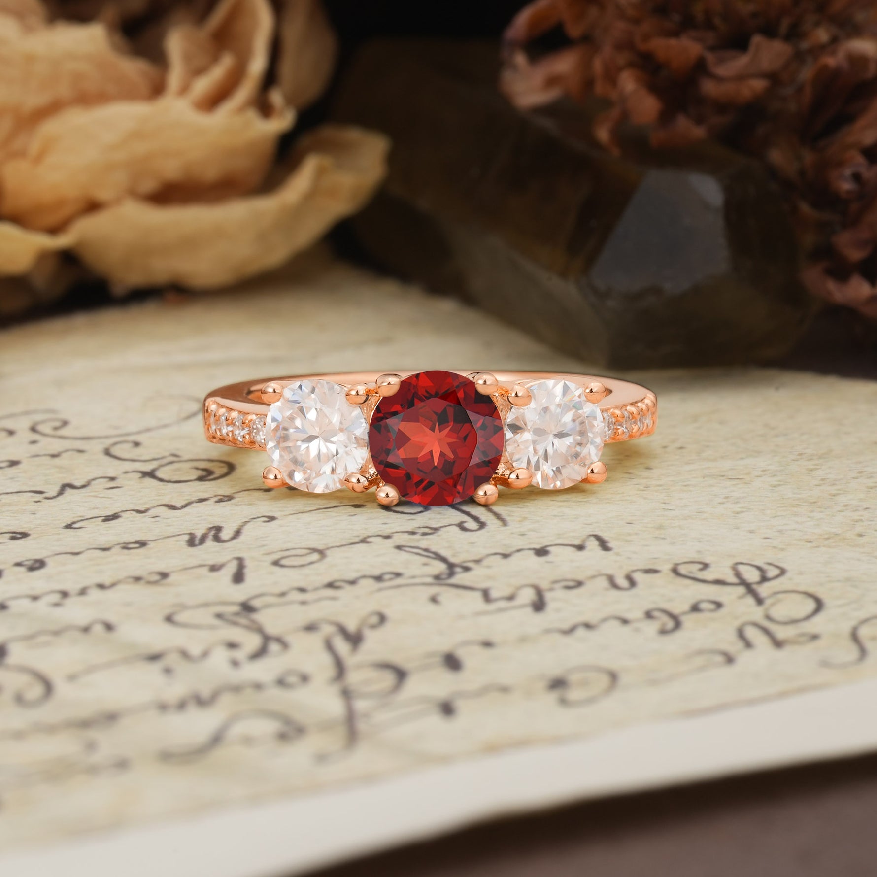 Unique Classic 4-Prong Round Cut Garnet Three Stones Wedding Ring - Additional view