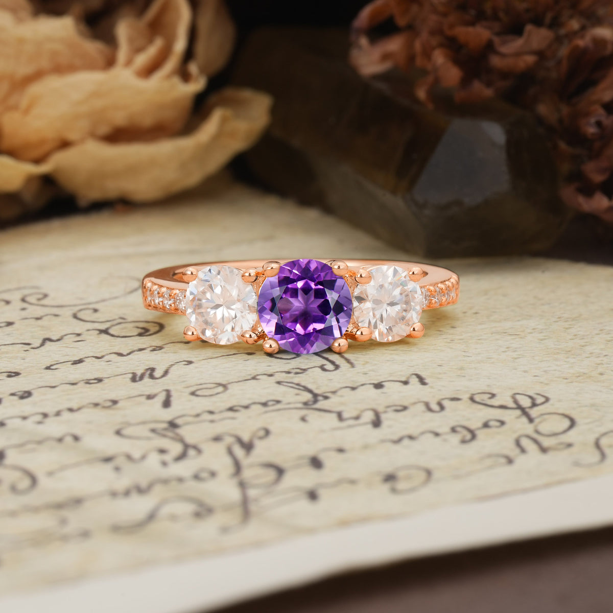 Unique Classic 4-Prong Round Cut Amethyst Three Stones Wedding Ring - Additional view