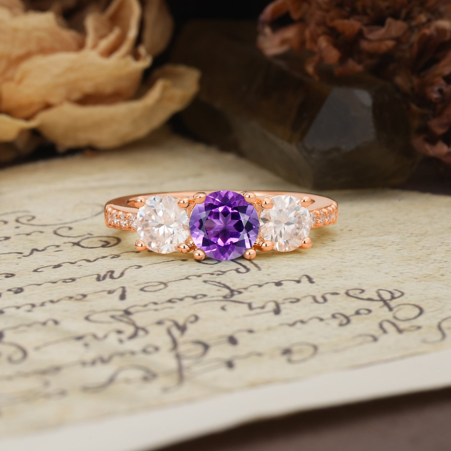 Unique Classic 4-Prong Round Cut Amethyst Three Stones Wedding Ring - Additional view