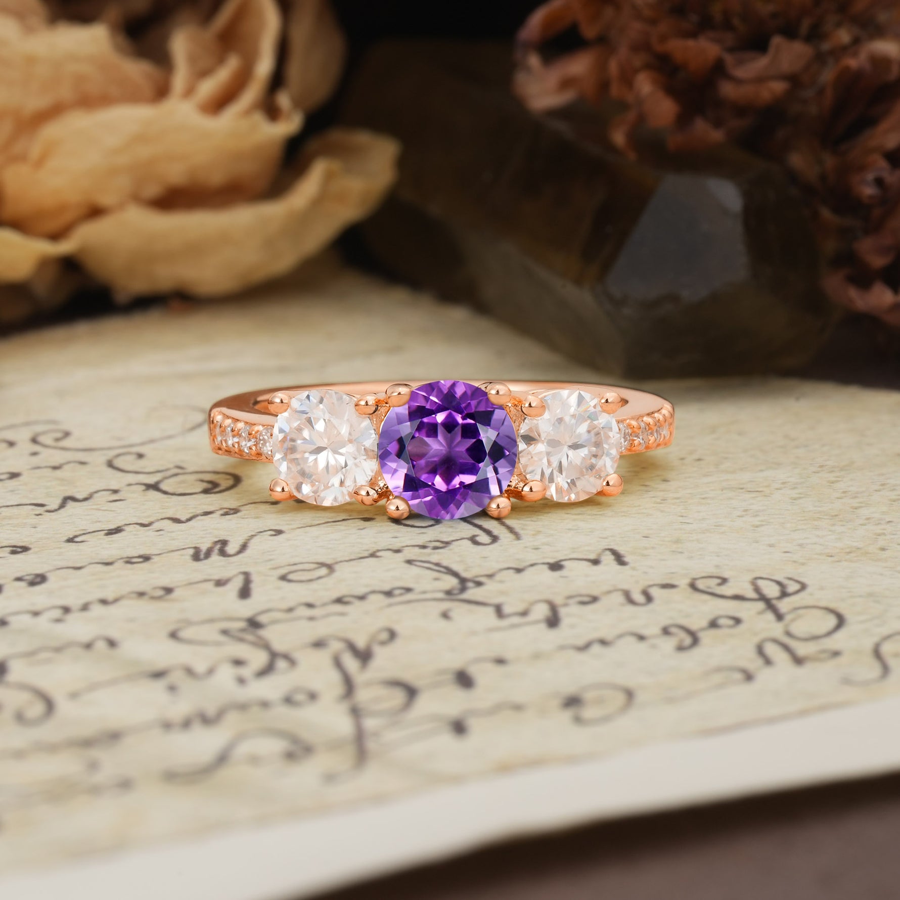 Unique Classic 4-Prong Round Cut Amethyst Three Stones Wedding Ring - Additional view