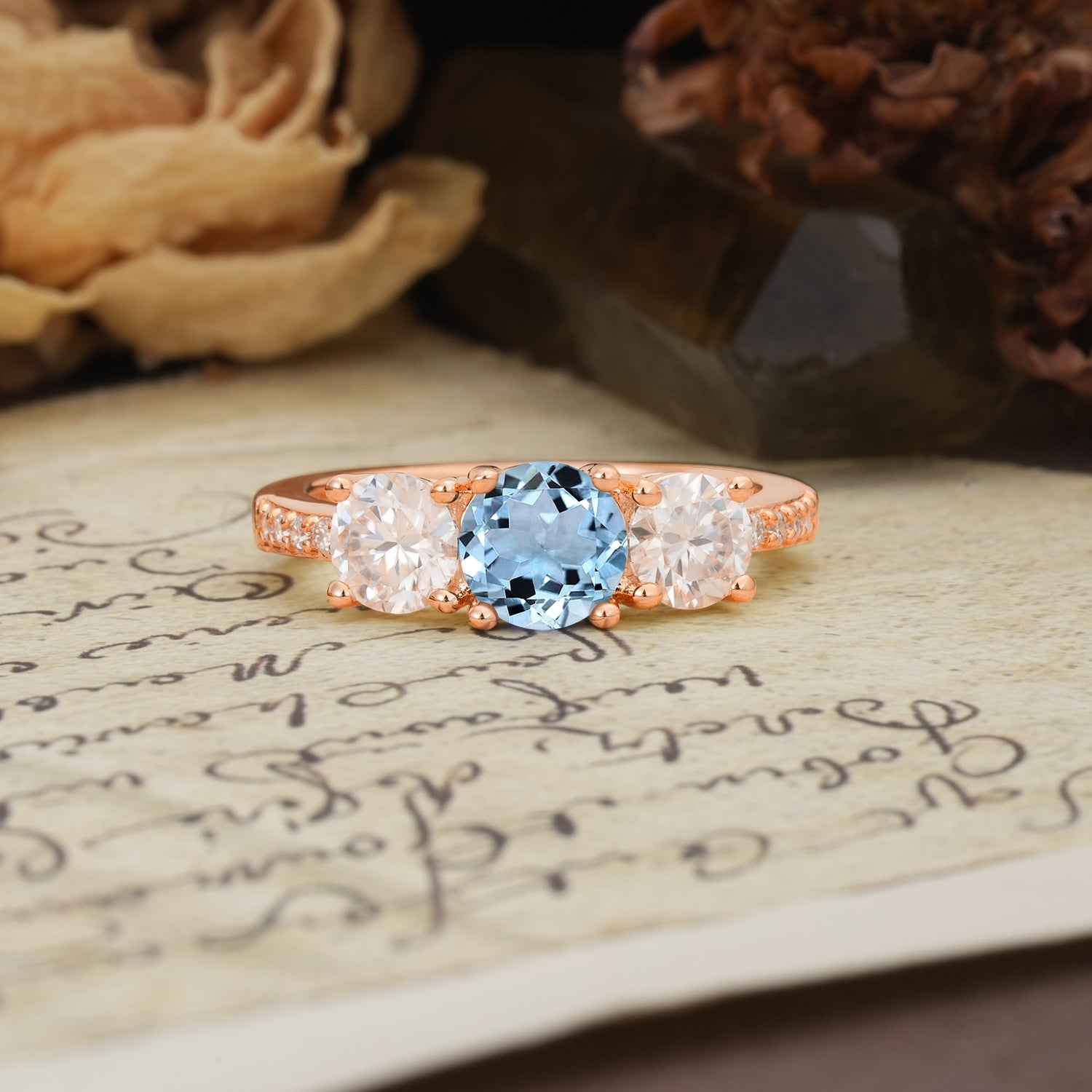 Unique Classic 4-Prong Round Cut Aquamarine Three Stones Wedding Ring - Additional view