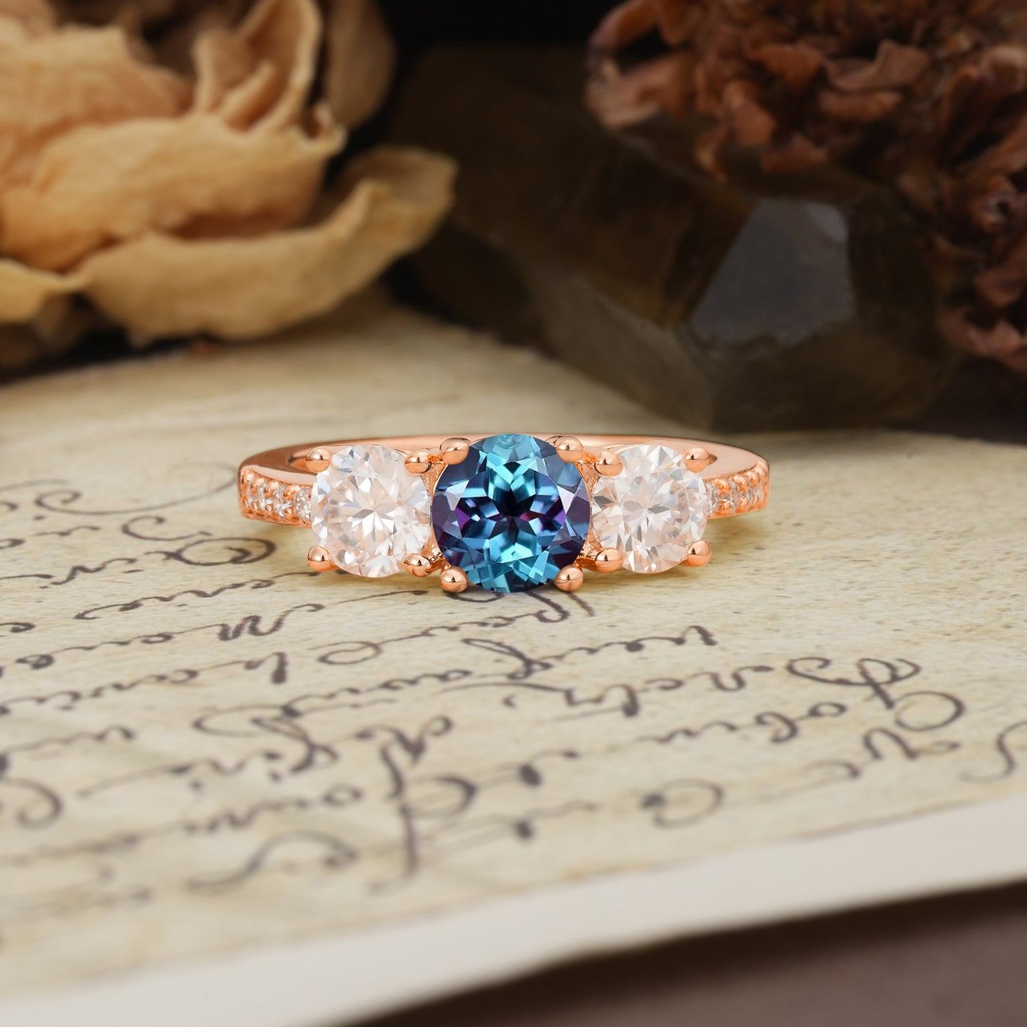 Unique Classic 4-Prong Round Cut Alexandrite Three Stones Wedding Ring