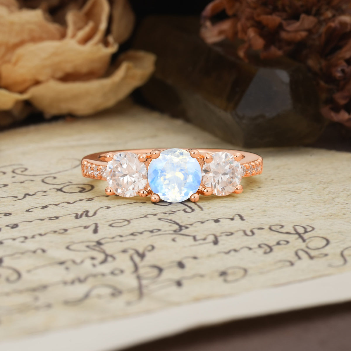 Unique Classic 4-Prong Round Cut Moonstone Three Stones Wedding Ring - Additional view