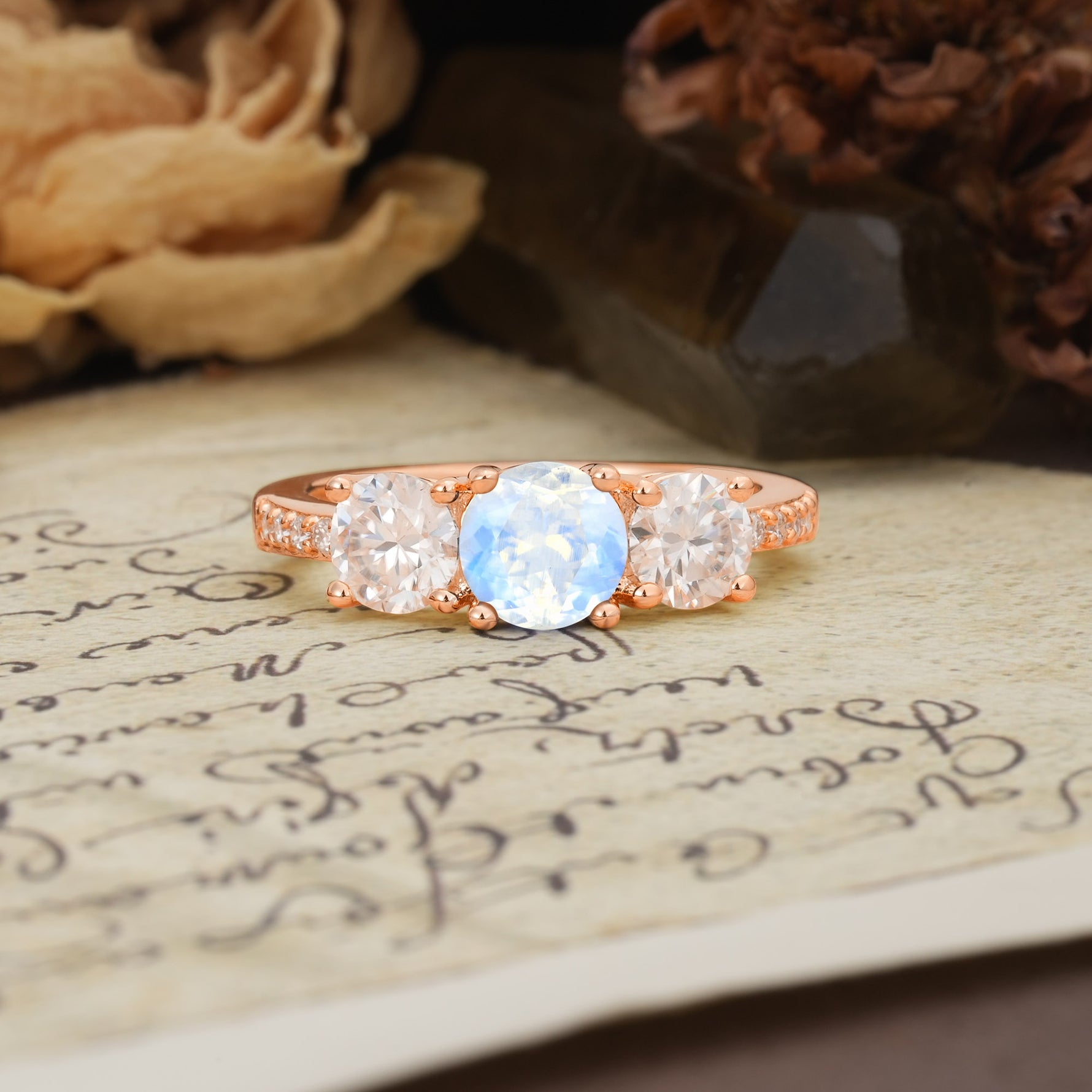 Unique Classic 4-Prong Round Cut Moonstone Three Stones Wedding Ring - Additional view