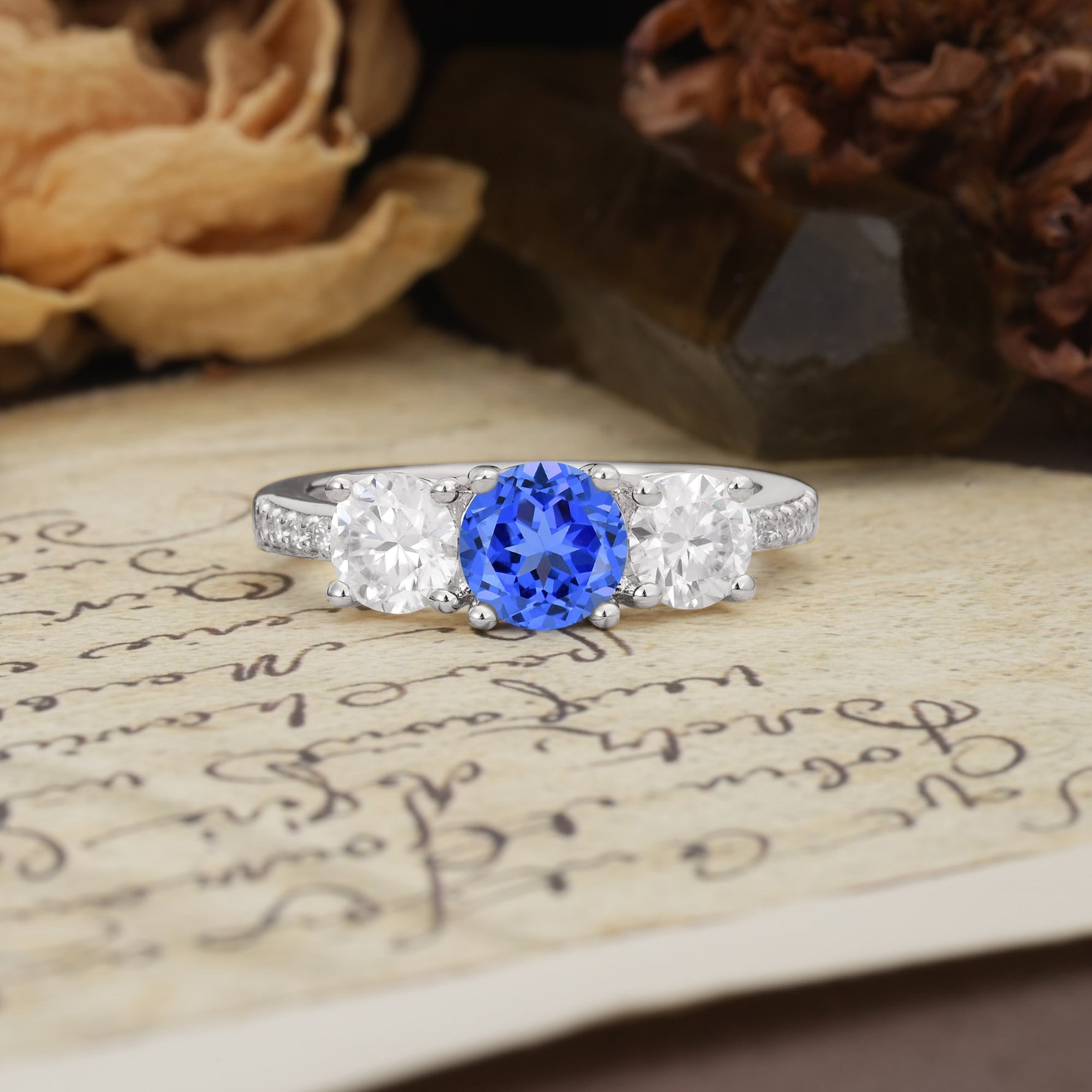 Unique Classic 4-Prong Round Cut Sapphire Three Stones Wedding Ring - Additional view