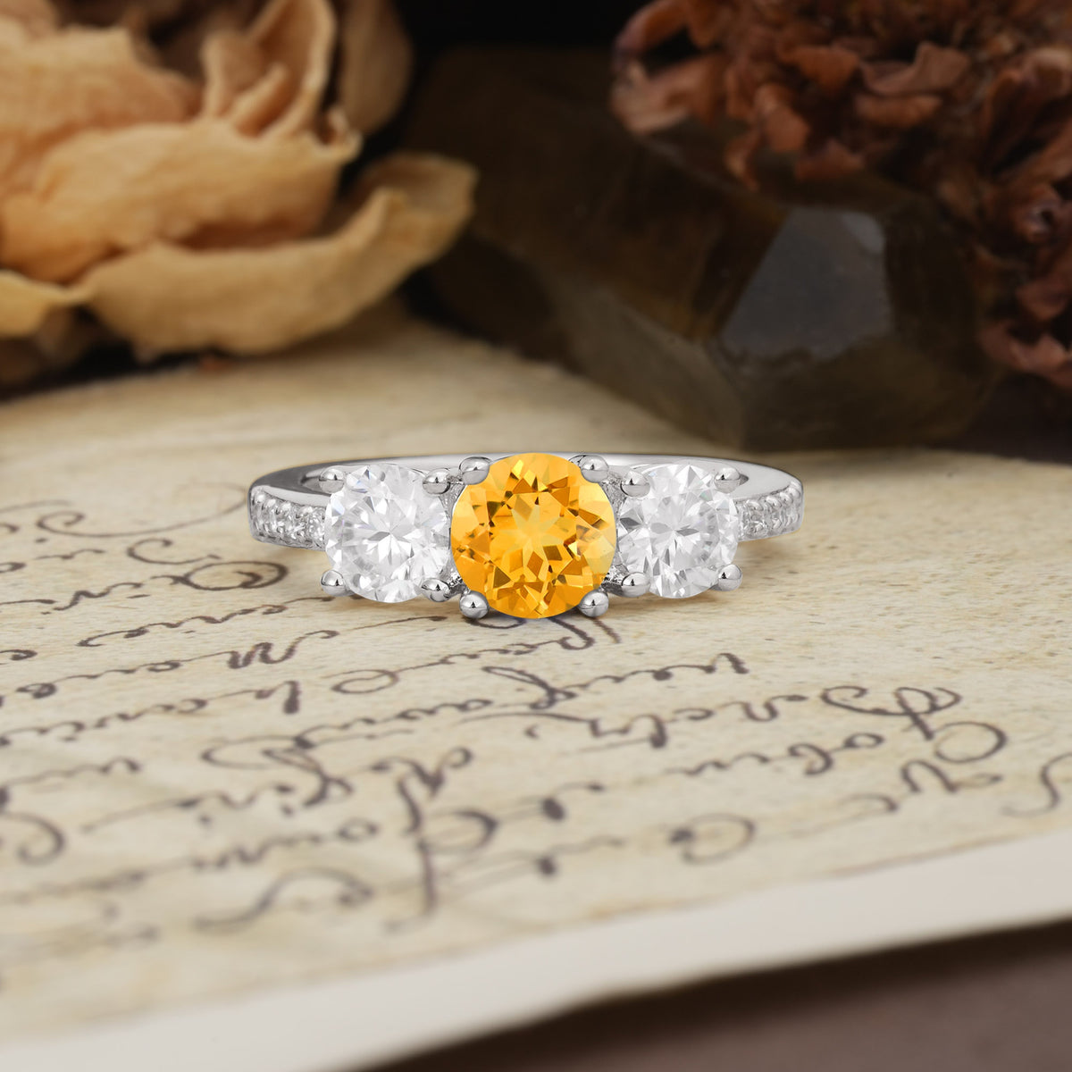 Unique Classic 4-Prong Round Cut Citrine Three Stones Wedding Ring - Additional view