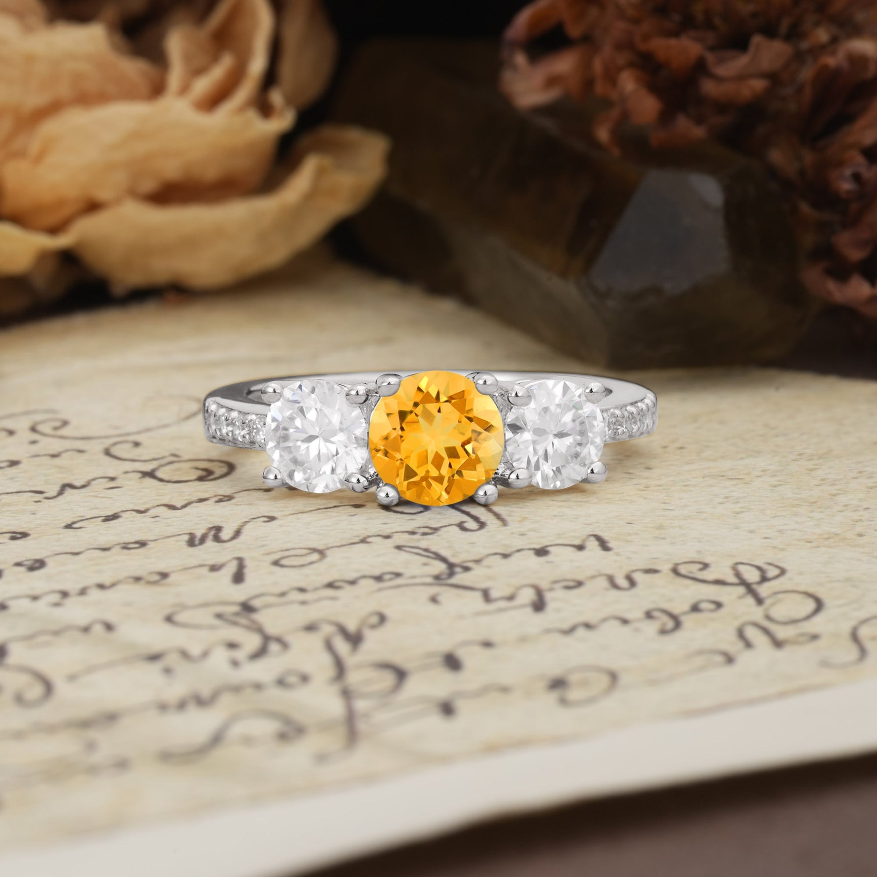 Unique Classic 4-Prong Round Cut Citrine Three Stones Wedding Ring - Additional view